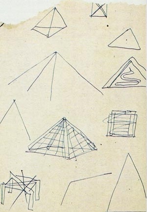 Esboços para pirâmide e, abaixo, à esquerda, estrutura de pórticos cruzados (riscada, decerto descartando momentaneamente a idéia) [Instituto Lina Bo e Pietro Maria Bardi, doravante ILBPMB]
