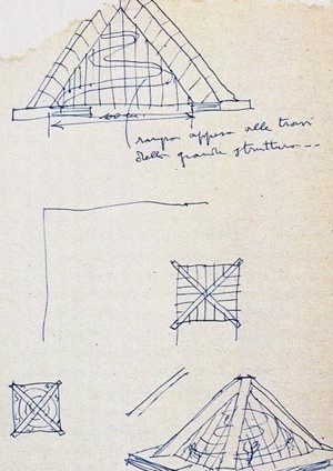 Croquis do arquivo de Lina Bo Bardi (ILBPMB). Indicação da rampa interna e da cota do vão de 100 m