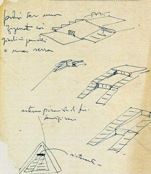 Croquis do arquivo de Lina Bo Bardi (ILBPMB). “Podia ser um zigurate com jardins suspensos ou uma estufa”. “Interno pirâmide de flores”. “Restaurante”