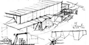 Auditório UniRitter, croquis, Porto Alegre, 2000. Arquitetos Cláudio Araújo, Daniel Pitta Fischmann, Marcel Gregory Trescastro, André Luís Pereira Nunes, Lourenço Carlos Henrique Neves e Rodrigo Conceição<br />Foto divulgação 