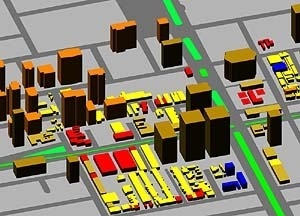 Operação Urbana Faria Lima: esquema volumétrico da paisagem transformada (cruzamento Faria Lima x Juscelino Kubitschek [SEMPLA/PMSP]