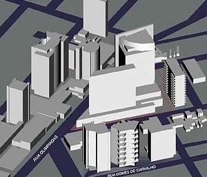 Operação Urbana Faria Lima: esquema volumétrico da paisagem transformada (cruzamento Faria Lima x Juscelino Kubitschek [SEMPLA/PMSP]