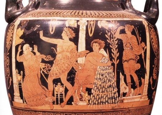 Cratera figurando Orestes abraçado ao ὀμφαλός no interior do Oráculo de Delphos, com Electra, Apolo e Ártemis, meados do séc. IV a.C. Terra cota, 90 cm (H)<br />Imagem divulgação  [Napoli, Museo Archeologico Nazionale]