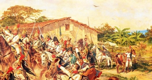 No canto esquerdo da pintura, em pé, um civil branco de cartola empunha um guarda-chuva como uma espada. Pedro Américo, “Independência ou Morte” (detalhe), 1888<br />Imagem divulgação  [Museu Paulista da USP]
