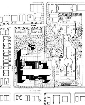 Concurso da “Faculté de l’Aménagement”, 1994. Painel de apresentação, projeto premiado :Saucier + Perrotte / René Menkès Architectes. Deshaies, Raymond / Blondin, Barone, Architectes-Paysagistes [Laboratoire d’Étude de l’Architecture Potentielle.]