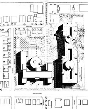 Concurso da “Faculté de l’Aménagement”, 1994. Painel de apresentação, projeto 5. Gauthier Guité Daoust Architectes / Le Groupe Lestage inc. Design urbain, architecture de paysage. En collaboration avec Jacques Rousseau, Arch. André Moreau, Arch. de paysag [Laboratoire d’Étude de l’Architecture Potentielle.]