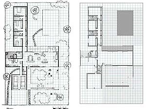 Planta ordenada por dois eixos determinantes na distribuição das áreas edificadas e pátios. Residência número “2”, Eduardo Corona. Acrópole nº 210, 1956