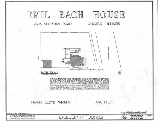 Emil Bach House, implantação, North Sheridan Road, Chicago, Estados Unidos, 1915. Arquiteto Frank Lloyd Wright<br />Redesenho J. William Rudd, 1965  [Library of Congress / U.S. Government]