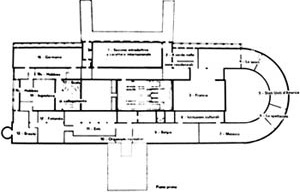 Implantação geral da Trienal de Milão de 1964 publicada pela revista Casabella n. 290. Dentre os participantes, Finlândia, Iugoslávia, México, Alemanha, França, Bélgica e Estados Unidos [Casabella, p. 17]