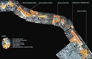 A implantação geral do projeto ao longo da orla ferroviária:preparar o território para receber as diferentes arquiteturas (eixo central verde e habitação coletiva nas bordas). Possibilidade de construção um território metropolitano
