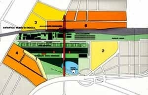O terreno vago típico na Mooca (área da Antarctica/gasômetro): a estratégia geral é manter o vazio como parque e ligações infraestruturais [a marquise de 400 m conecta as estações de trem e VLP], reciclar alguns edifícios existentes e adensar as bordas pe