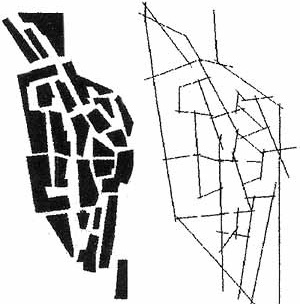 Diagramas: 1. G; espaços abertos segundo Hillier e Hanson; 2.  G; mapa axial, segundo Hillier e Hanson