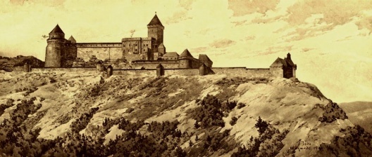O castelo Hohkönisburg. Aquarela de Bodo Ebhardt publicada no memorial do autor, 1900 [EBHARDT, Bodo. Denkschrift über die Wiederherstellung der Hohkönigsburg bei Schlettstadt i]