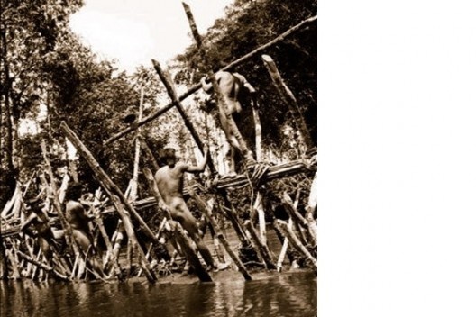 Construção de barragens para receber as armadilhas de pesca, parte dos rituais do Enawene Nawe, Mato Grosso<br />Foto divulgação  [Portal Iphan]