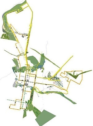 Sistema de mobilidade - Ônibus (laranja) e Ciclovia (amarelo)