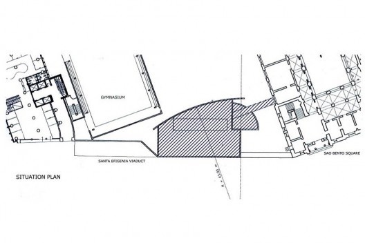 Anexo Administrativo do Mosteiro de São Bento, implantação, Largo de São Bento, São Paulo, 1992. Arquiteto Affonso Risi