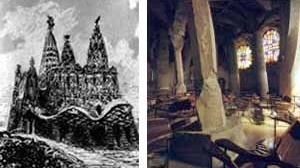 À esquerda, croqui para Cripta da Capela Güell, Arquiteto Antoni Gaudí.À direita, situação atual<br />Foto de Fábio Müller  [www.gaudiclub.com]