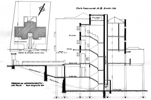 Edifício Nicolau Schiesser, implantação e corte, São Paulo, 1934. Arquiteto Rino Levi<br />Imagem divulgação  ["Rino Levi, Arquitetura e cidade"]