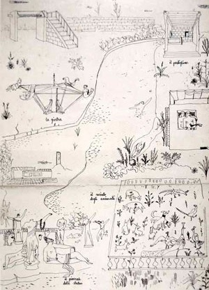 Ilustração para contos infantis, Itália, 1942. Formas-tipo: "o pavilhão", "o recinto para os animais", "a piazzale de esculturas" e "o carrossel"