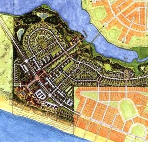 Figura 06 – Empreendimento concebido como extensão da cidade de Seaside. Projeto do escritório Cooper Robertson & Partners,1996 [J. Dutton. Livro, New american urbanism, 2000.]