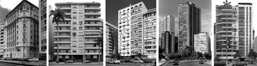 Da esquerda para a direita: gabarito dado pelo decreto de 1925; gabarito permitido para o Flamengo pelo decreto nº 6.000; edificações de acordo com planta de zoneamento de Copacabana; edifício Apolo XI, símbolo da era Lacerda<br />Fotos Beto Felício, 2004 