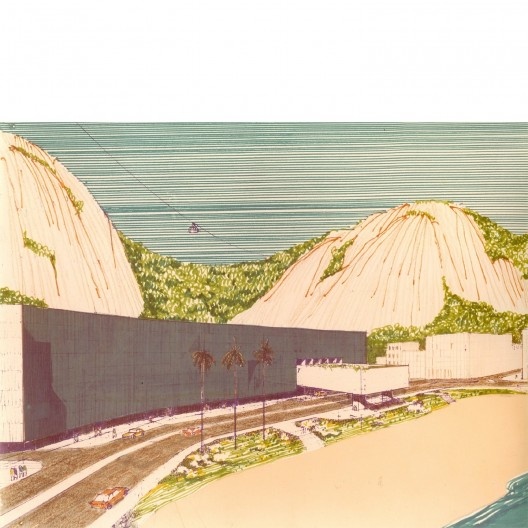 Hotel Hollyday Inn, estudo, Urca, Rio de Janeiro. Maitrejean & Sallouti Associados Arquitetos (com Cláudio Cavalcanti), 1983<br />Desenho Jon Maitrejean  [Vázquez, Fernando, Buzzar, Miguel; Fujioka, Paulo. Introdução à obra do arquiteto Jon Mait]