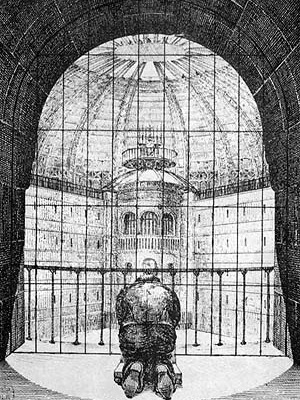Projeto de Penitenciária de N. Harou-Romain, 1840. Sistema panóptico: detento reza em sua cela, diante da torre de vigilância central [FOUCALT, Michel. Vigiar e Punir. Petrópolis, Vozes, 1987]