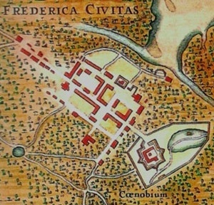1. Planta da cidade da Parahyba por volta de 1640 [Barlaeus, Rerum per Octennium in Brasilia..., Amsterdã, 1647]