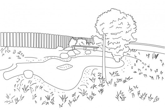 Residência Juscelino Kubistchek, jardim, Belo Horizonte. Arquiteto Oscar Niemeyer<br />Desenho Juliana Gomes 