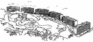 Conjunto residencial Parque Guinle, perspectiva geral do conjunto, Rio de Janeiro RJ. Lúcio Costa, 1948-54