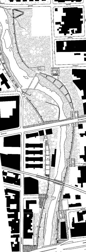 Projeto do Parque Linear no trecho avenida Agraciada – rua Conciliación", Plano geral. Coordenador: Hugo Gilmet, Prefeitura Municipal de Montevidéu, 2003