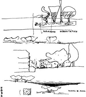 Croquis de Paulo Mendes da Rocha. No II Seminário Montevidéu, para o ateliê Mendes da Rocha (São Paulo) o córrego Miguelete não existe para a cidade. Em conseqüência, se propõe “construir a natureza”, onde o córrego é uma máquina hidráulica e, por sua vez