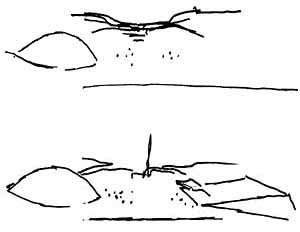 Croquis de Oscar Niemeyer, apresentando a mesma cena sem e com o projeto do Teatro [Jornal Folha de São Paulo, 23 jun. 2003.]