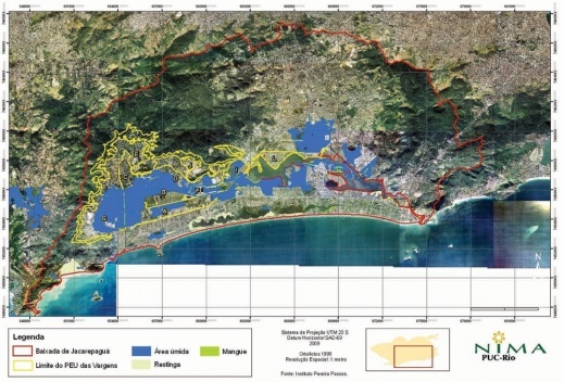 Figura 1. Principais ecossistemas remanescentes na Baixada de Jacarepaguá em 1999: áreas úmidas (brejos e matas riparianas), manguezais e restingas [IPP (1999)]