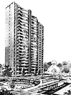 Fig. 07 – Conjunto Portal da Cidade, Ruy Ohtake, 1986, foto da área de lazer do conjunto [FARIAS, A. A. C. La arquitectura de Ruy Ohtake. Madrid, Celeste, 1994]