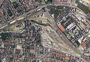 Viena Europa: vista aérea actual a las dos cabeceras y terrenos alrededor de la estación