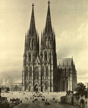 Figura 5. Vista ideal da Catedral de Colônia concluída. Gravura de Karl Georg Hasenpflug (1834/36). Karl Georg Hasenpflug, 1834. Colônia, Kolnisches Stadtmuseum [WOLFF, Arnold. Dombau in Köln. Sttutgart: Müller und Schindler, 1980]