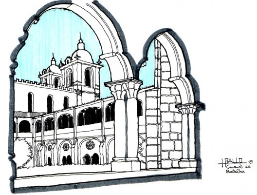 Batalha: vista da igreja no Mosteiro de Batalha a partir de uma arcada<br />Elaboração Haroldo Gallo 