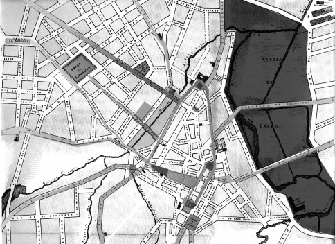 Sistema articulado de praças, parques e vias de comunicação.
Destacamos as vias que irradiam do anel central proposto, bem como as praças, a área do Vale do Anhangabaú e da Várzea do Carmo [FREIRE, 1911]
