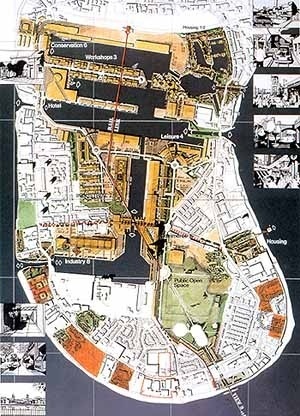 Proposta final para Isle of Dogs, Londres. David Gosling com John Ferguson e Gordon Cullen, 1981. Fonte: David Gosling, "Gordon Cullen: Visions of Urban Design", Academy Editions, Londres, 1998
