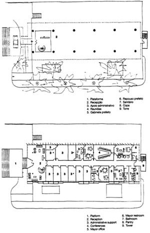 Palácio Tomé de Souza (Prefeitura de Salvador), plantas área pública e piso elevado [João Filgueras Lima, Lelé. Editorial Blau / Instituto Lina Bo e P. M. Bardi]