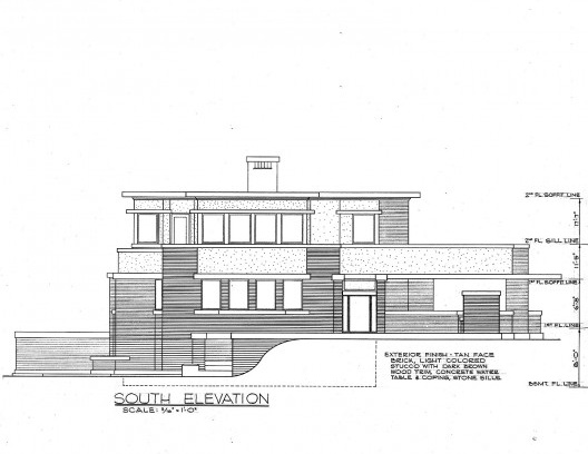 Emil Bach House, elevação sul, North Sheridan Road, Chicago, Estados Unidos, 1915. Arquiteto Frank Lloyd Wright<br />Redesenho J. William Rudd, 1965  [Library of Congress / U.S. Government]