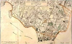 Planta da cidade do Rio de Janeiro, indicando os melhoramentos em execução, 1905 [Do cosmógrafo ao satélite, mapas da cidade do Rio de Janeiro. Rio de Janeiro, Centro de Ar]
