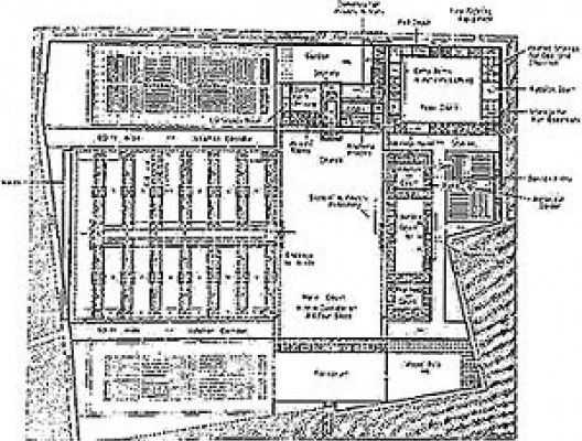 Figure 7 – Plan d’un hôpital de malades et de femmes enceintes (1200 lits), par Tenon et Poyet [Tenon, J.. Mémoires sur les hôpitaux de Paris, Paris, Assistance Publique-Hôpitaux de Pari]
