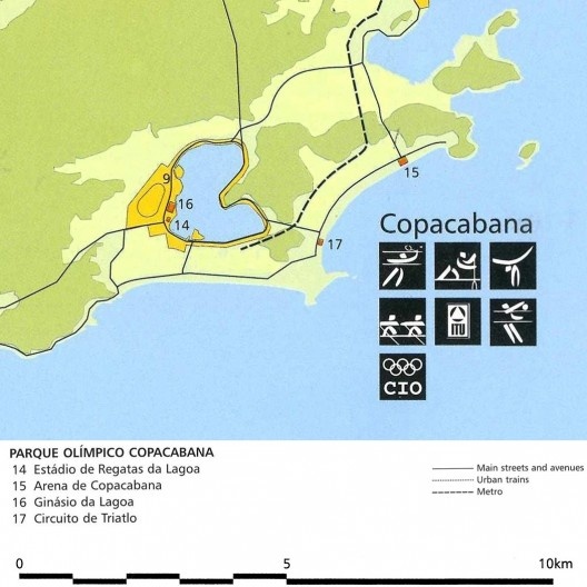 Parque Olímpico Copacabana, detalhe, mapa geral das instalações olímpicas na candidatura Rio 2004<br />Imagem divulgação  [Rio 2004, Rio de Janeiro candidate to host the XXVIII Olympic Games in 2004, v.2, 1996]