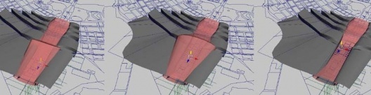 Diagramas/”quadros” de uma animação, mostrando a deformação sofrida pela superfície que representa a cidade latente (sobreposta à cidade “real”), em virtude do “aparecimento e desaparecimento” de eventos efêmeros