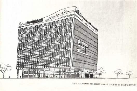 Jóquei Clube Brasileiro, perspectiva, Rio de Janeiro RJ, 1947. Arquitetos Giuseppina Pirro, Israel Correa, Lygia Fernandes e Francisco Bolonha<br />Imagem divulgação  [Marcos Jaimovich, <i>Arquitetura Contemporânea no Brasil</i>]