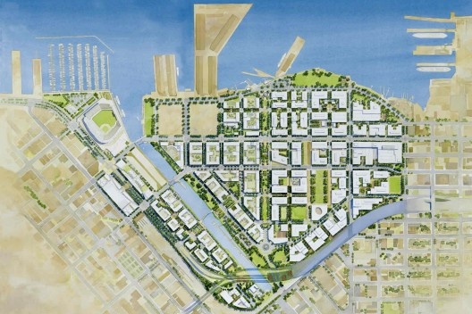 São Francisco Mission Bay: implantação sobre imenso vazio urbano: antiga área industrial-portuária de 303 acres [University of California]