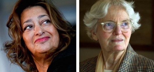 Arquiteta Zaha Hadid, ganhadora do Prêmio Pritzker de 2004; Denise Scott Brown, sócia e esposa de Robert Venturi, que ganhou sozinho o Prêmio Pritzker de 1991
<br />Foto divulgação  [Website Pritzker Architecture Prize / Wikimedia Commons]