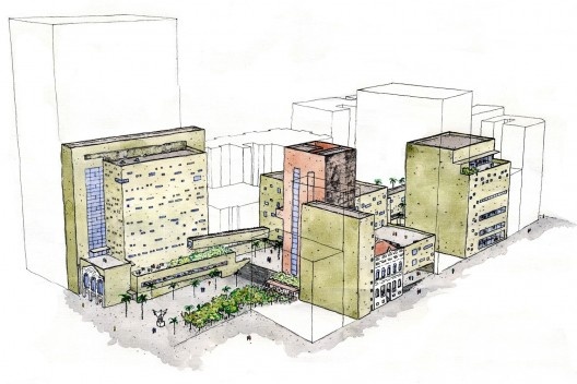 Praça das Artes, croqui em perspectiva das faces do complexo voltadas para o Vale do Anhangabau e Avenida São João, São Paulo. Escritório Brasil Arquitetura e arquiteto Marcos Cartum [Brasil Arquitetura]